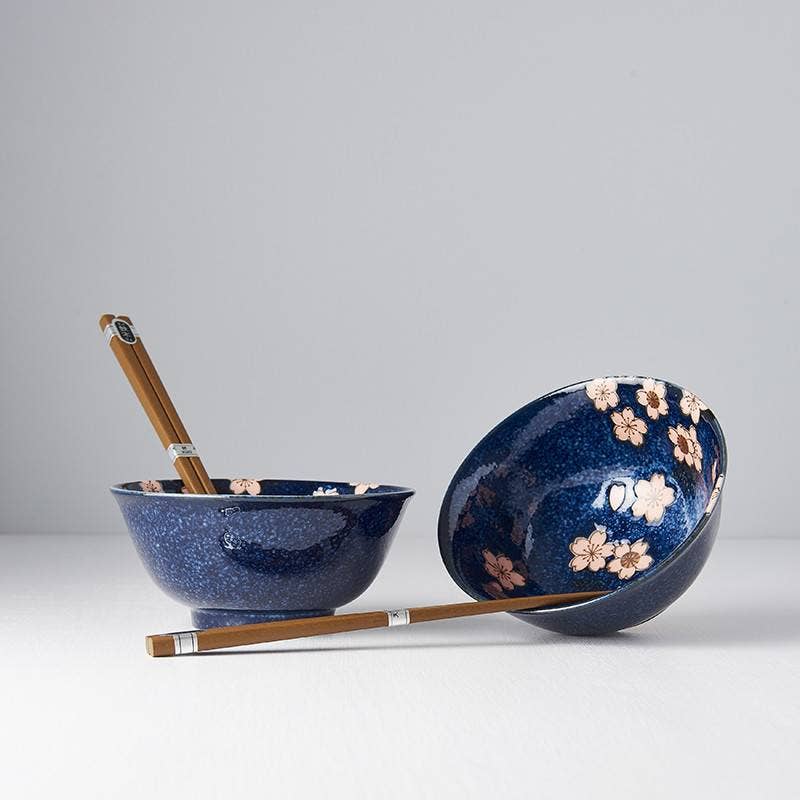 Navy blue with pink sakura - 2 piece boxed bowl set (Made in Japan)