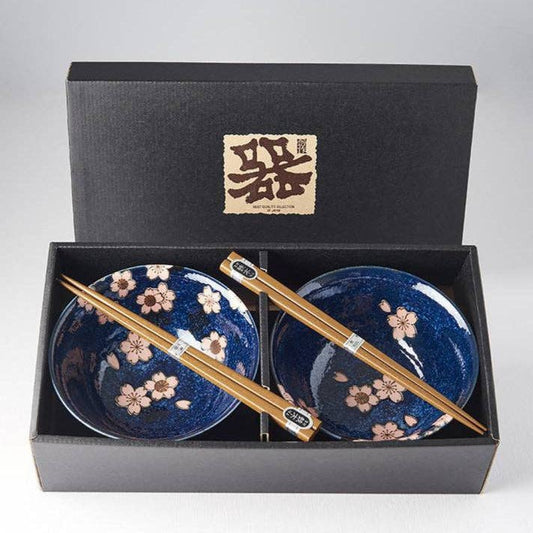 Navy blue with pink sakura - 2 piece boxed bowl set (Made in Japan)
