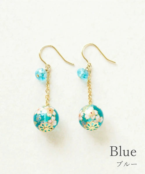 Pierced Earrings with sakura-patterned glass beads