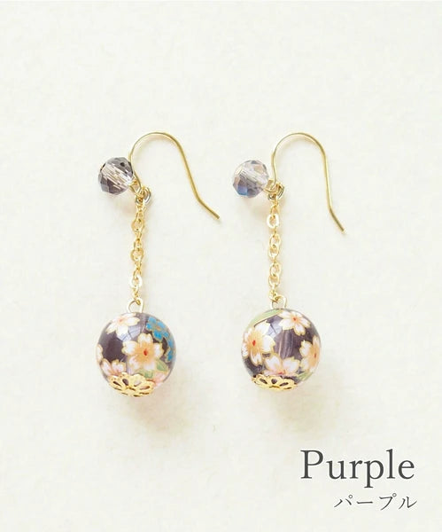 Pierced Earrings with sakura-patterned glass beads