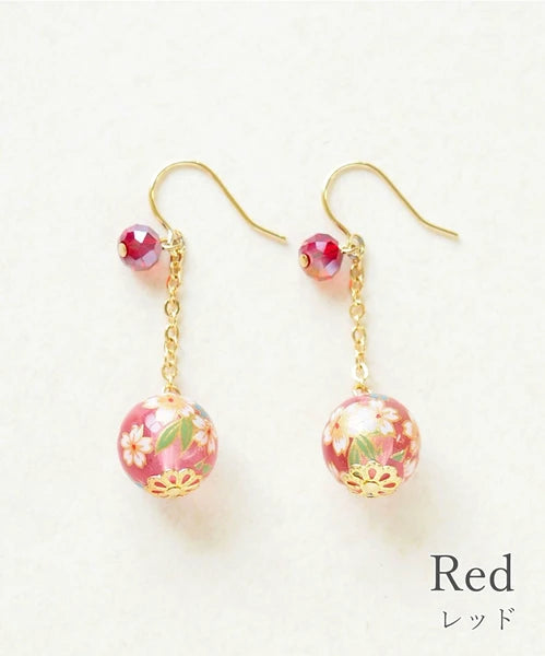 Pierced Earrings with sakura-patterned glass beads