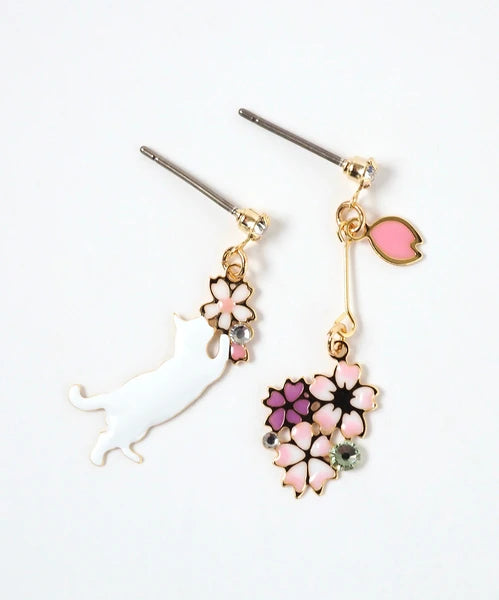 SAKURA & Cat Asymmetrical Earrings