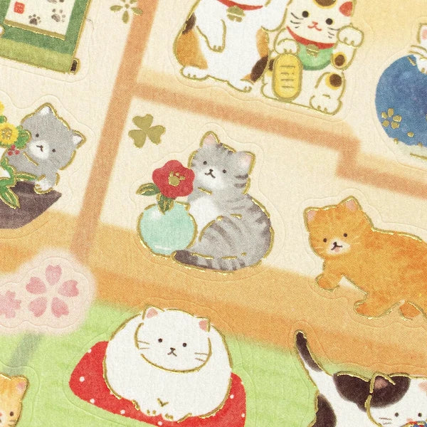 Scenic Japanese style animals sticker sheet with gold foil stamp