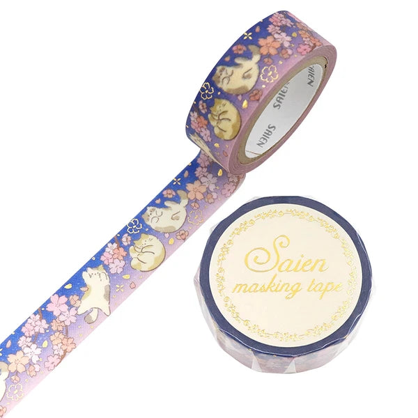 SAIEN Washi Tape - Cats with Sakura Blossom (Gold Foiled)