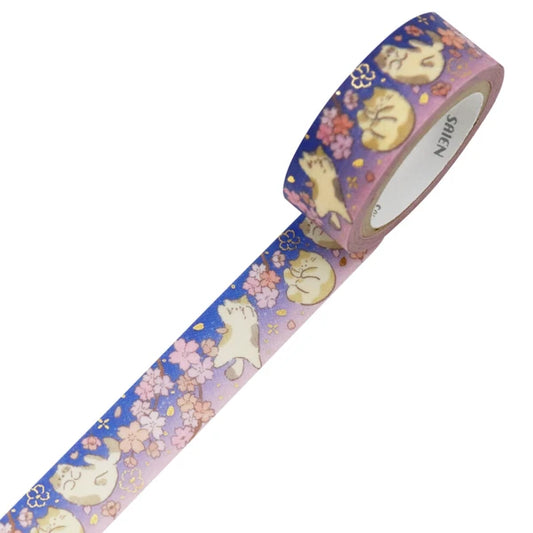 SAIEN Washi Tape - Cats with Sakura Blossom (Gold Foiled)