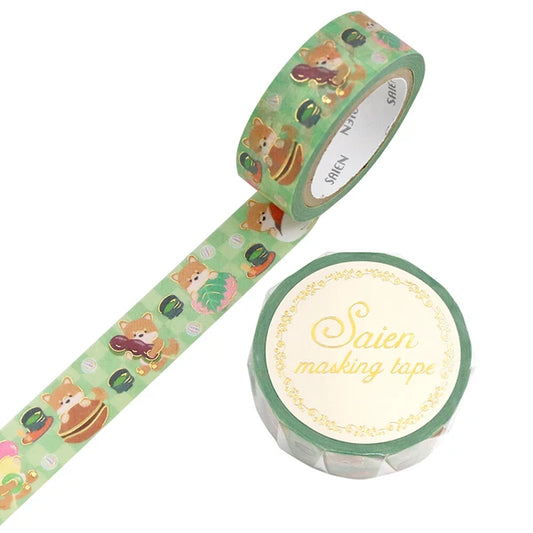 SAIEN Washi Tape - Shiba & Matcha sweets(Gold Foiled)
