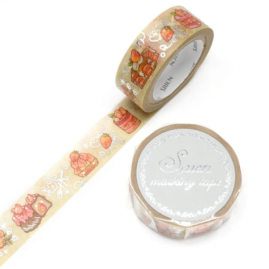 SAIEN Washi Tape -  Strawberry desserts (Silver Foiled)