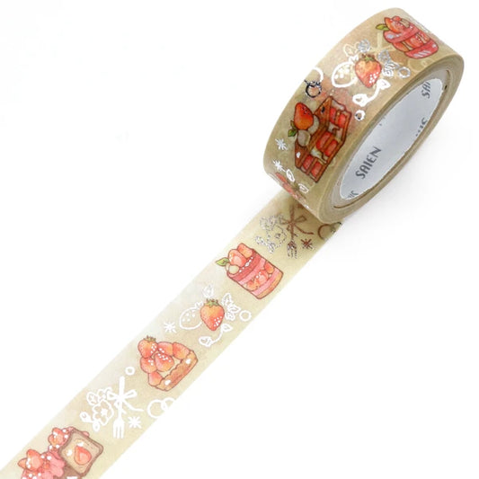 SAIEN Washi Tape -  Strawberry desserts (Silver Foiled)