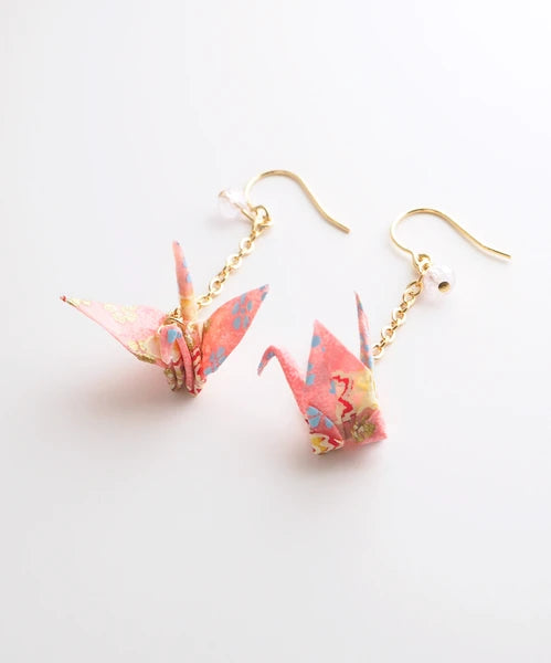 Pierced earrings with origami crane