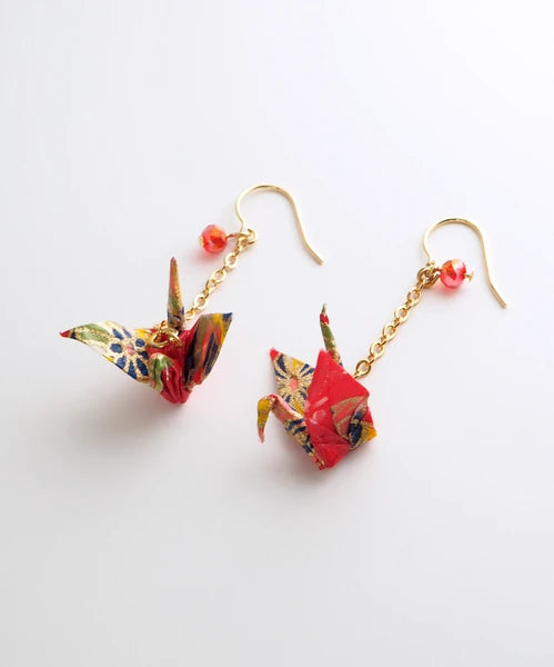 Pierced earrings with origami crane