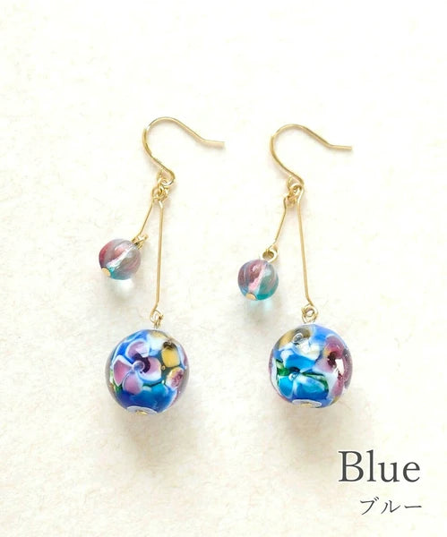 Pierced Earrings with dragonfly flower-patterned glass beads