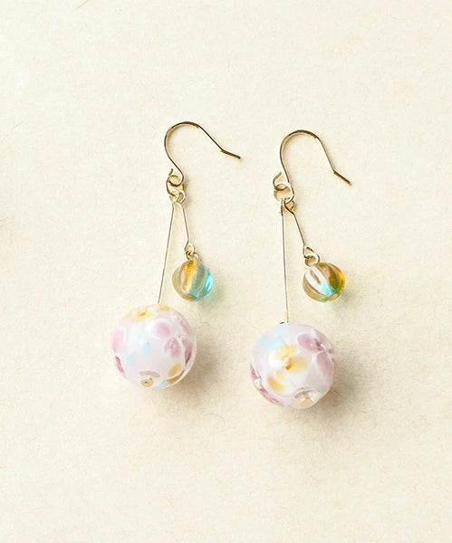 Pierced Earrings with dragonfly flower-patterned glass beads
