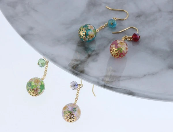 Pierced Earrings with sakura-patterned glass beads