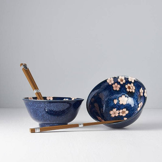 Navy blue with pink sakura - 2 piece boxed bowl set (Made in Japan)